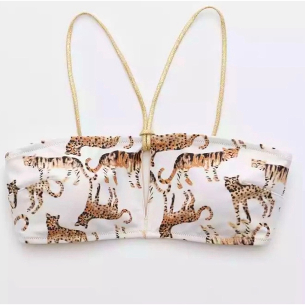 Aerie Bikini Top Sz L | Gold Cheetah Keyhole Halter Bandeau | Animal Print NWT